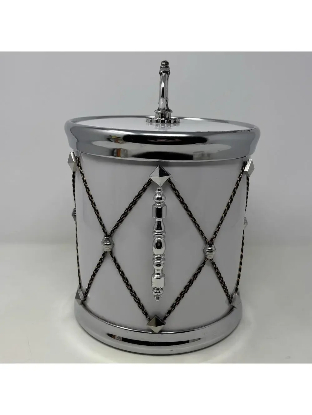 VTG Ice Bucket with Lid Snare Drum MCM Barware White & Silver Design Bar Ware